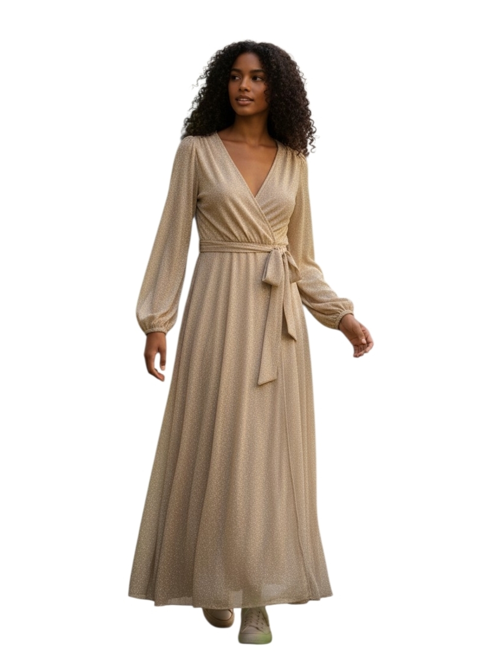 SHEIN Tan Wrap Maxi Dress with Tie Belt